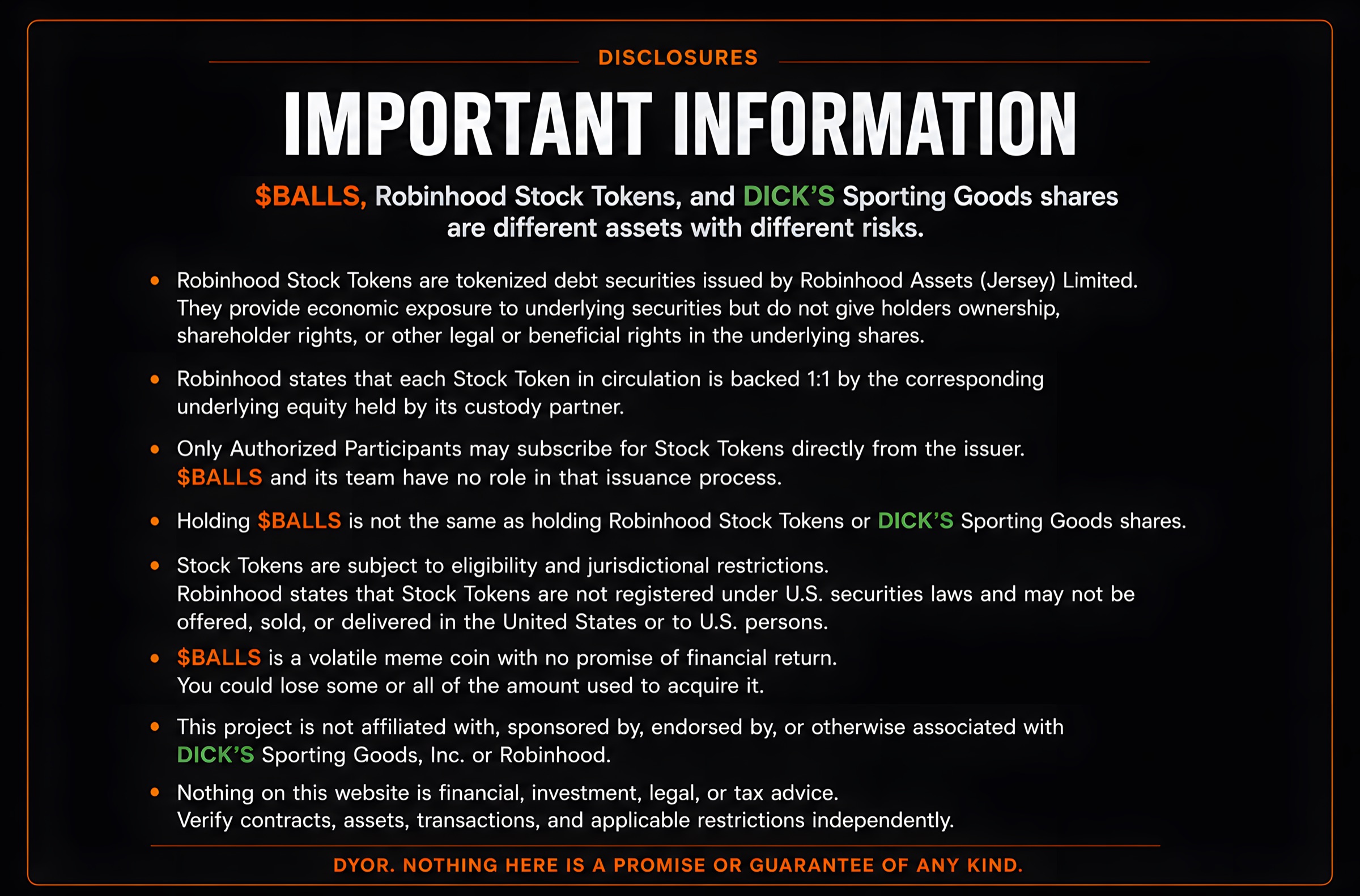 Important information and disclosures for $BALLS, Robinhood Stock Tokens, and Dick's Sporting Goods shares.